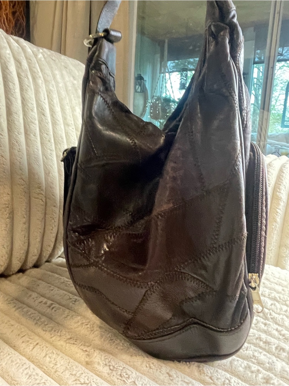 Vintage 70,s Hippie Patchwork Leather Crossbody Sling - Brown, Black - Picture 2 of 10